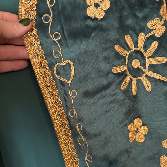 The Hippie Shake Embroidered Teal Velvet Long Coat with Gold Accents - Picture 6 of 8